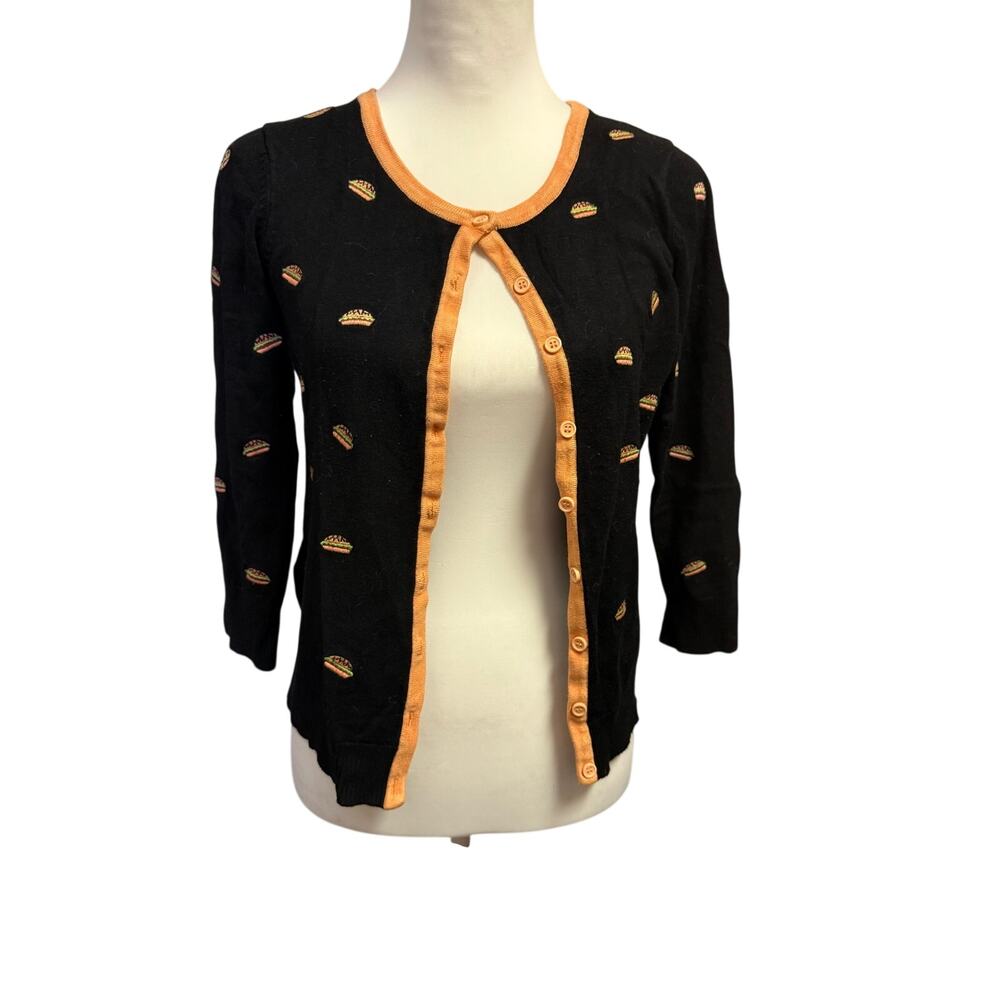EINI WOMENS L HAMBURGER EMBROIDERED CARDIGAN BLACK ORANGE NOVELTY Y2K FOODIE